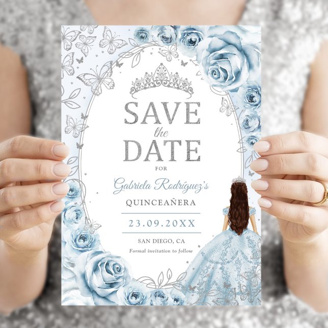 Reserve A Data Bebê Azul Prata Floral Quinceanera (Criador carregado)