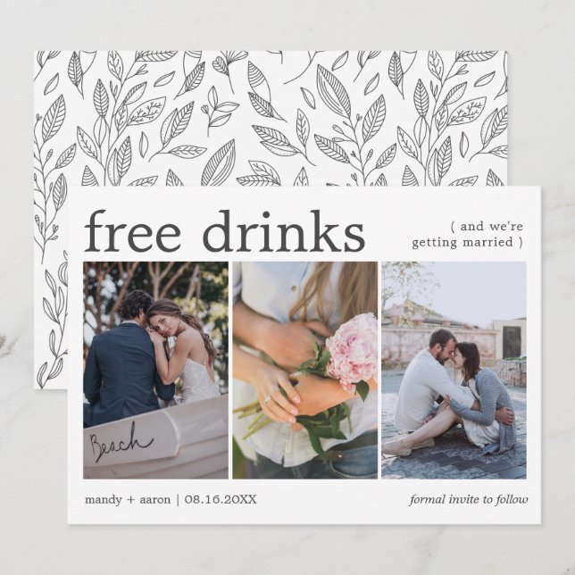 Reserve A Data Bebidas Grátis Três Fotos Engajamento Casamento (Frente/Verso)