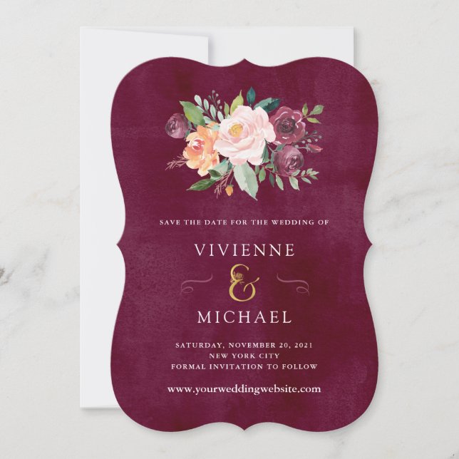 Reserve A Data Bege Borgonha | Floral Casamento Save the Date (Frente)