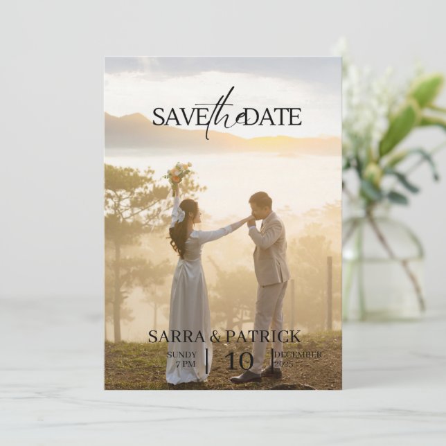 Reserve A Data Bege e Preto Elegante Casamento Salve a Data (Em pé/Frente)