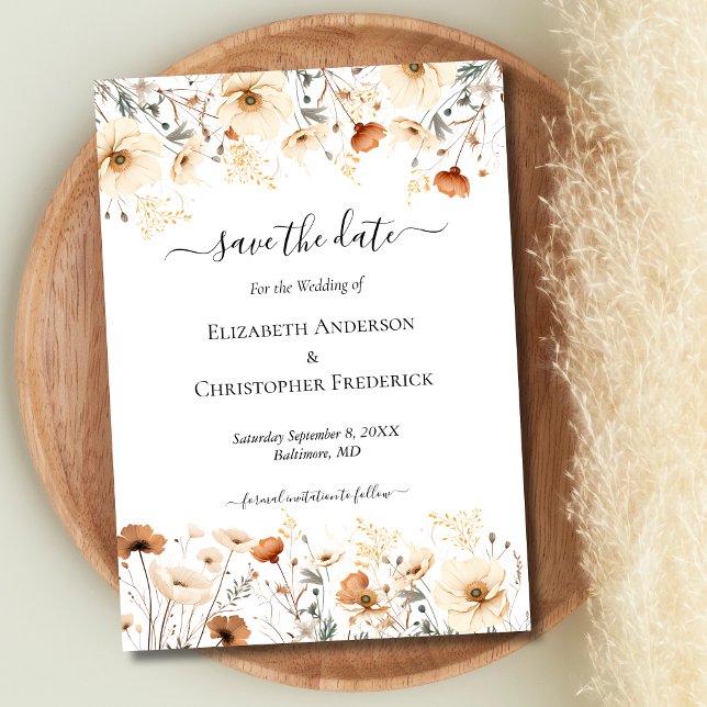 Reserve A Data Beige Terracotta Wildflower QR Código Boho Casamen (Boho Wildflowers in Beige Terracotta Rust Wedding Save the Date card)