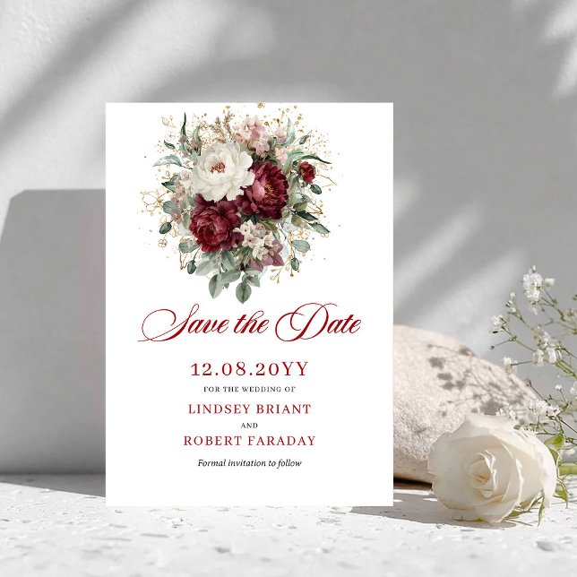 Reserve A Data Beijo Botânico em Borgonha com Folhagem Save The D (Botanical Blush Burgundy Greenery Save The Date)