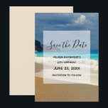 Reserve A Data Bela Foto Tropical do Mar Turquesa Aniversário<br><div class="desc">Salve o cartão de ponto com uma bela fotografia que apresenta um mar azul turquesa e uma praia arenosa com montanhas no fundo.</div>