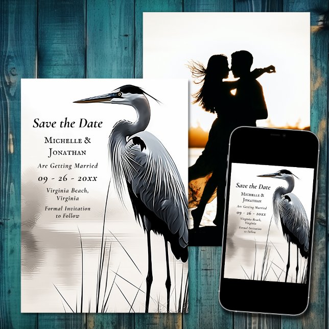 Reserve A Data Belo Casamento de Foto de Pássaro Costeiro de Herã (Beautiful Blue Heron Coastal Bird Photo Wedding Save The Date)