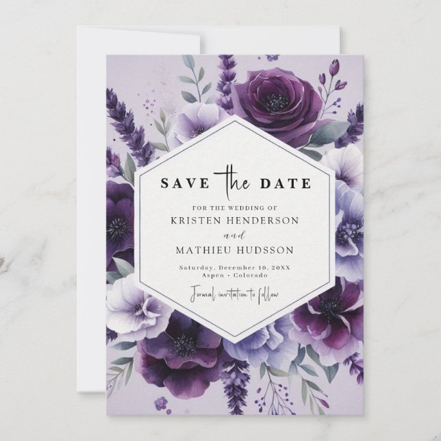 Reserve A Data Belo Casamento Floral Roxo de Campo (Frente)