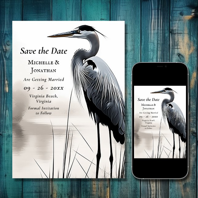 Reserve A Data Belo Excelente Casamento de Aves Costeiras do Herã (Beautiful Great Blue Heron Coastal Bird Wedding Save The Date)