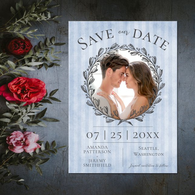 Reserve A Data Berry Wreath e Stripes Foto | Azul (Berry Wreath and Stripes Photo Save the Date - Blue)