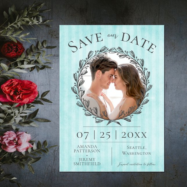 Reserve A Data Berry Wreath e Stripes Foto | Teal (Berry Wreath and Stripes Photo Save the Date - Teal)
