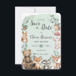 Reserve A Data Bichos de Floresta Cachorros Chá de fraldas Verde<br><div class="desc">Personalize esta linda floresta,  poupe a data fácil e rapidamente. Basta clicar no botão Editar usando ferramentas de Design para editar o texto,  alterar as fontes e as cores da fonte. Apresentando adoráveis bichos da floresta. Itens correspondentes disponíveis no repositório. c) Paperie fina somerset</div>