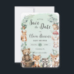 Reserve A Data Bichos de Floresta Cachorros Chá de fraldas Verde<br><div class="desc">Personalize esta linda floresta,  poupe a data fácil e rapidamente. Basta clicar no botão Editar usando ferramentas de Design para editar o texto,  alterar as fontes e as cores da fonte. Apresentando adoráveis bichos da floresta. Itens correspondentes disponíveis no repositório. c) Paperie fina somerset</div>