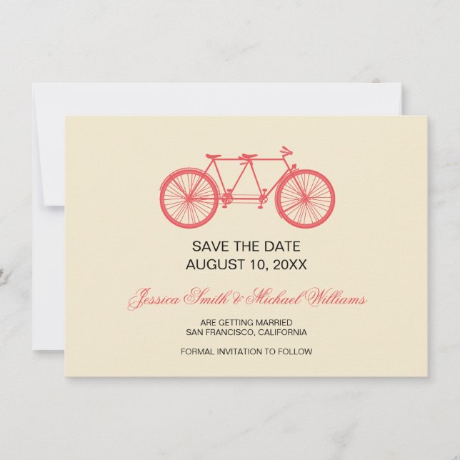 Reserve A Data Bicicleta Tandem Casamento Save The Date Rosa Ecru (Frente)