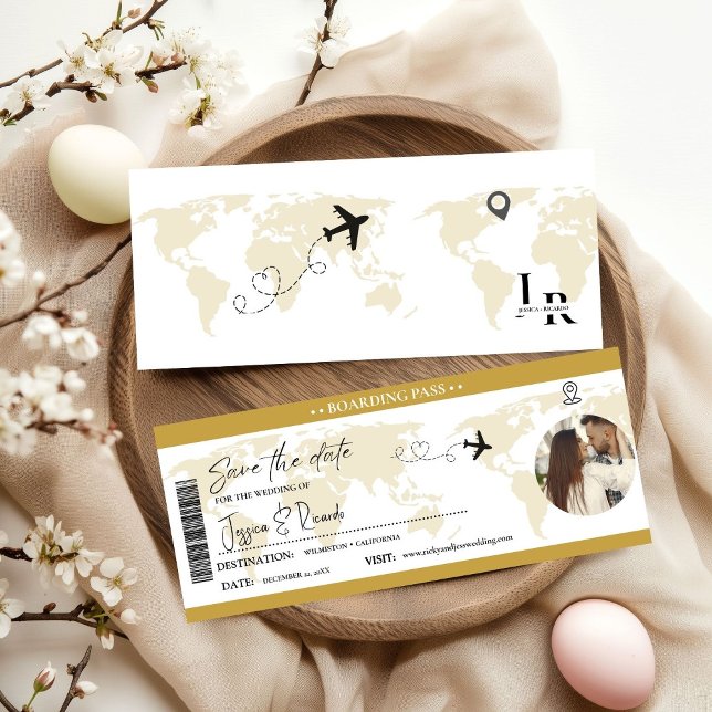 Reserve A Data Bilhete de Embarque Elegante em Dourado para Casam (Criador carregado)