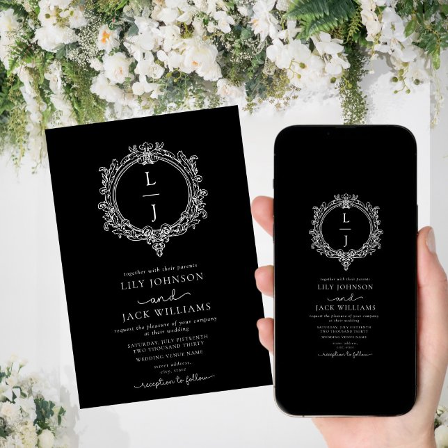 Reserve A Data black and white foliage Crest wedding invitation (Criador carregado)