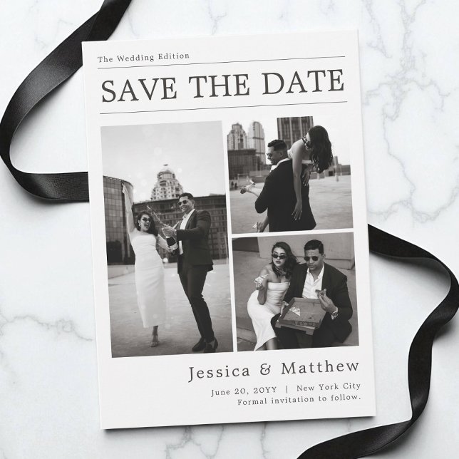 Reserve A Data Black and White Photo Collage Newspaper Wedding (Black and White Photo Collage Newspaper Wedding Save The Date)