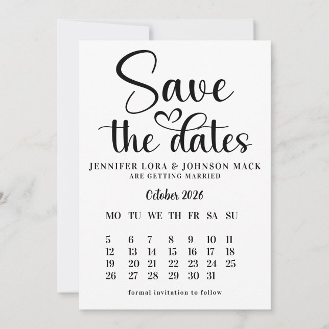 Reserve A Data black and white wedding save the dates Calendar  (Frente)