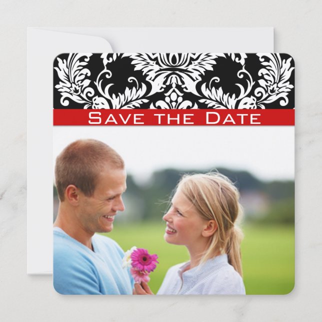Reserve A Data Black Damask com acabamento vermelho Salve a Data (Frente)
