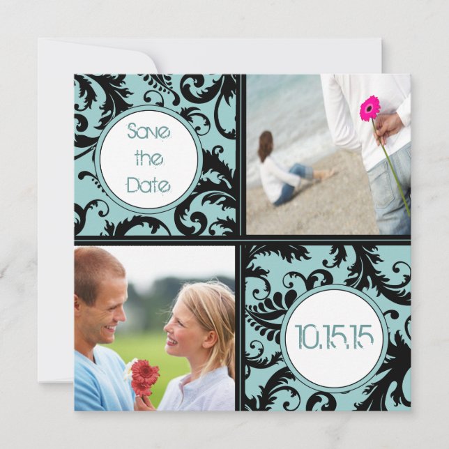 Reserve A Data Black Damask em Aqua Save the Date de Casamento (Frente)