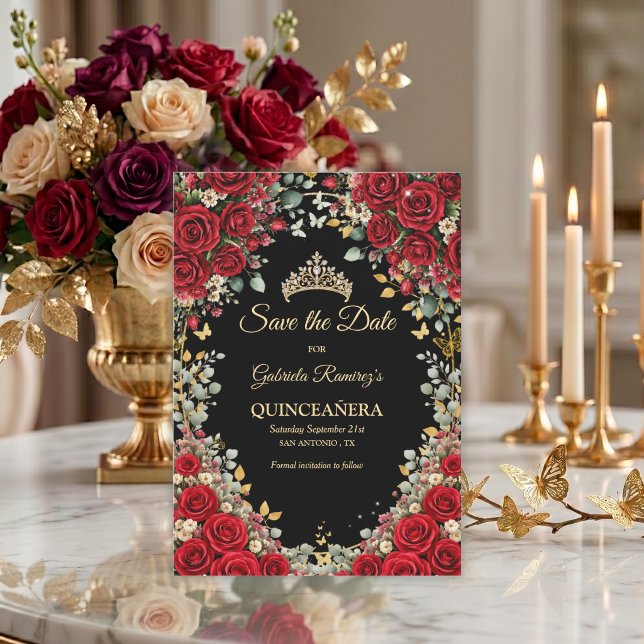 Reserve A Data Black e Red Golden Butterfly Quinceañera  (Criador carregado)