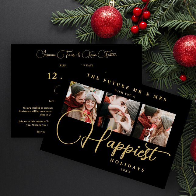 Reserve A Data Black Exquisite Sophisticated Wedding Xmas 3Photos (Black Exquisite Sophisticated Wedding Christmas 3 Photos in Fake Gold Holiday as a Save the Date.)