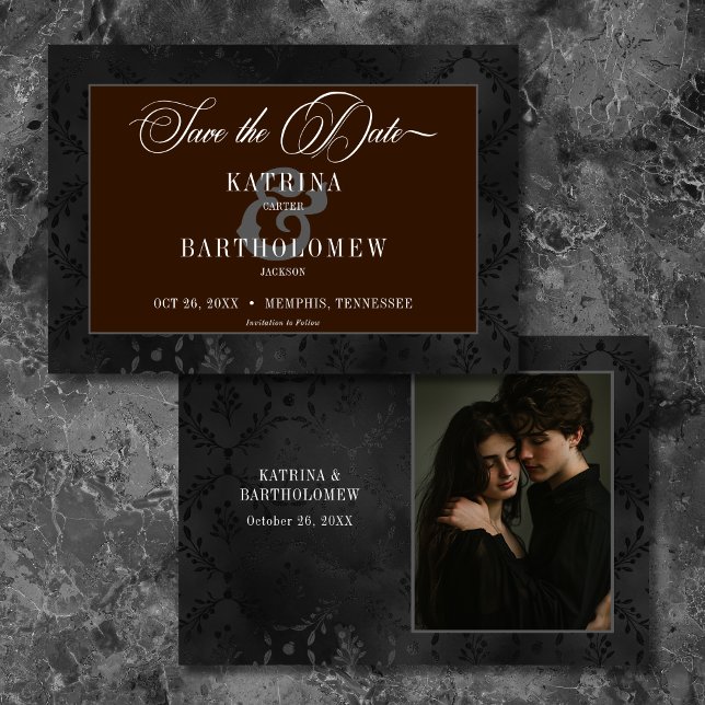 Reserve A Data Black Floral Negro Escuro Satin Damask Brown Foto (Dark Gothic Black Floral Satin Damask Brown Photo Save The Date)