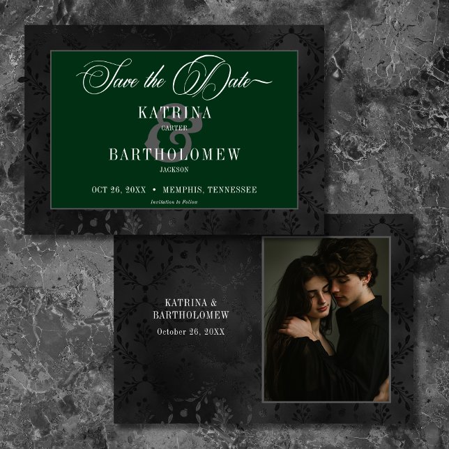 Reserve A Data Black Floral Negro Escuro Satin Damask Foto Verde (Dark Gothic Black Floral Satin Damask Green Photo Save The Date)