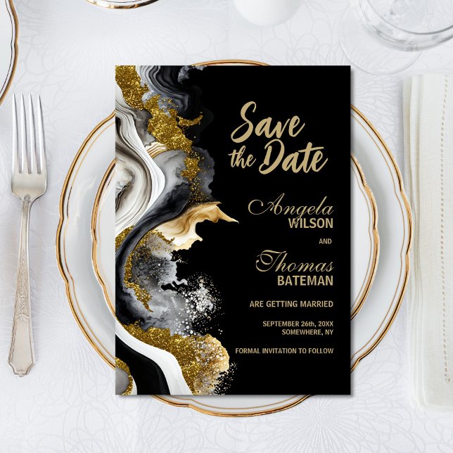 Reserve A Data Black Gold Ágata Mármore Casamento Salve a Data (Criador carregado)