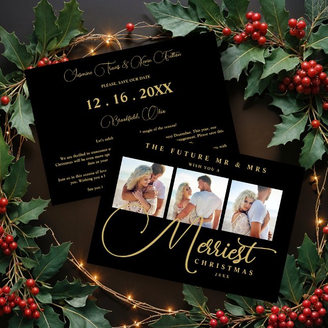 Reserve A Data Black Gold Exquisite Wedding Christmas 3 Photos (Exquisite Modern Wedding Christmas 3 Photos in Fake Gold and Black Holiday Cards.)