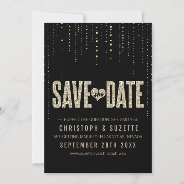 Reserve A Data Black & Gold Glitter Look Save The Dates (Frente)