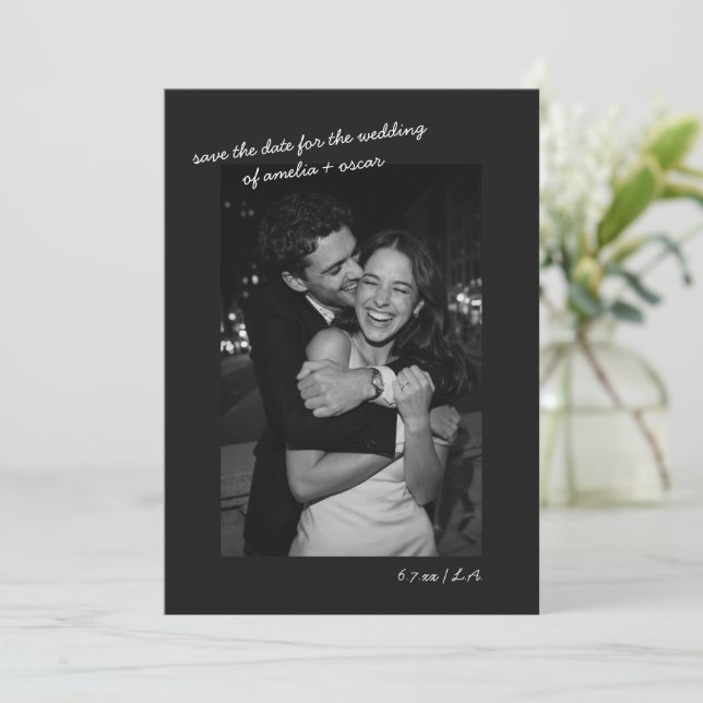 Reserve A Data Black Photo Minimalist Modern Wedding Dark Script (Em pé/Frente)