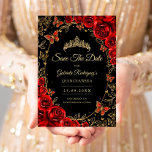 Reserve A Data Black Red Gold Quinceanera<br><div class="desc">Black red and gold Quinceanera celebration Save The Date card. Features,  script font,  butterflies,  watercolor roses and tiara. Perfect for an elegant princess style glam celebration. Personalize with your own details. Printed Zazzle cards or instant download digital printable template.</div>