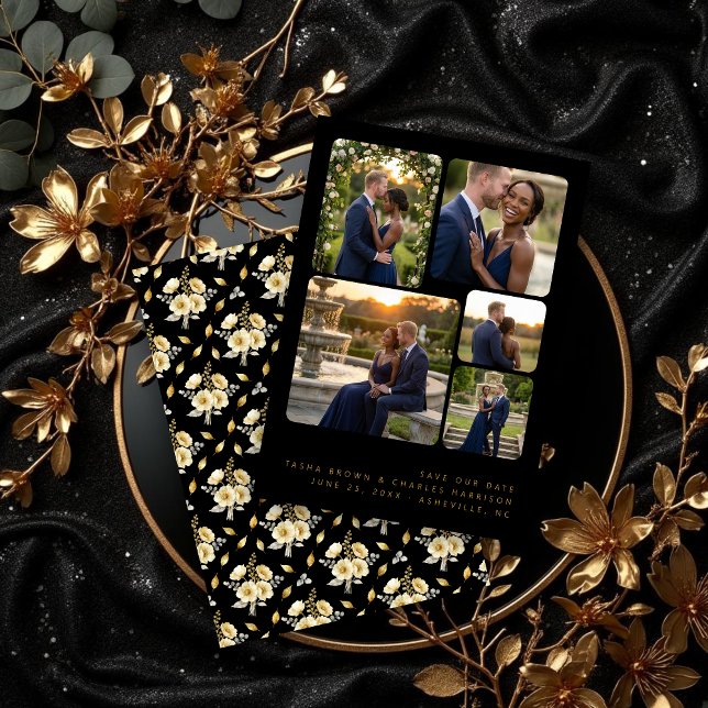 Reserve A Data Black Refined Minimalist 5-Photo Collage Wedding  (Black Refined Minimalist 5-Photo Collage Wedding Save the Date Card Design with Back Black.)