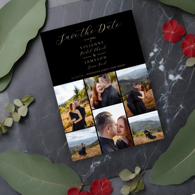 Reserve A Data Black Romantic Fancy Chic Collage 6 Pho (Black Romantic Fancy Chic Collage 6 Photos Couple Save the Date with Envelope. )