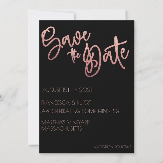 Reserve A Data Black & Rose Gold Glitter Casamento Art Deco  (Frente)