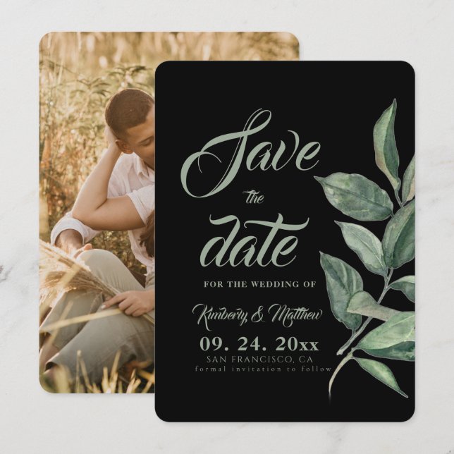 Reserve A Data Black & Sage Greenery Moderno Casamento Salve A Da (Frente/Verso)
