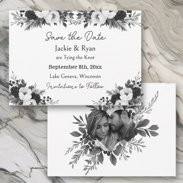 Reserve A Data Black & White Botanical Wedding Save the Date (Criador carregado)