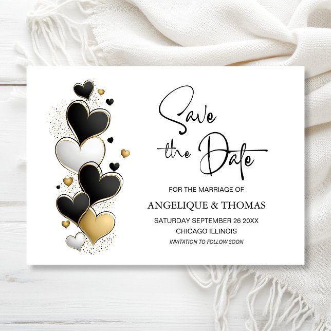 Reserve A Data Black White Gold Hearts Wedding Save the Date (Criador carregado)
