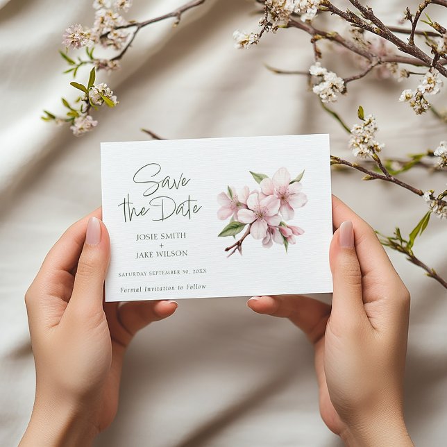 Reserve A Data Blossom de Maçã Esmagada Salve a Data (Pretty save the date vertical card with pink cherry blossom watercolor style illustration with green)