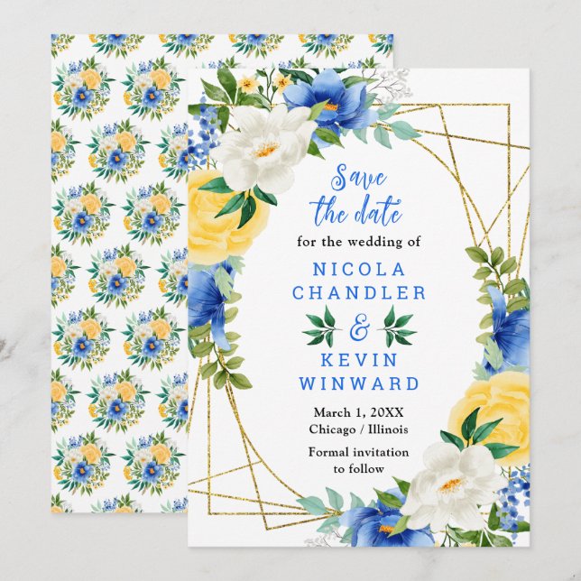 Reserve A Data Blue and Yellow Flowers Wedding (Frente/Verso)