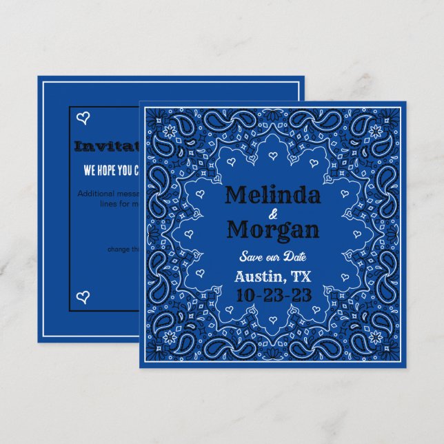 Reserve A Data Blue Bandana Flat Save The Date Card (Frente/Verso)