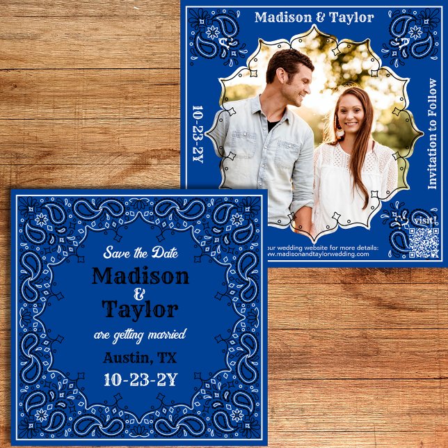 Reserve A Data Blue Bandana Photo Flat Save The Date Card (Classic blue bandana Save the Date with your photo and a QR code.)