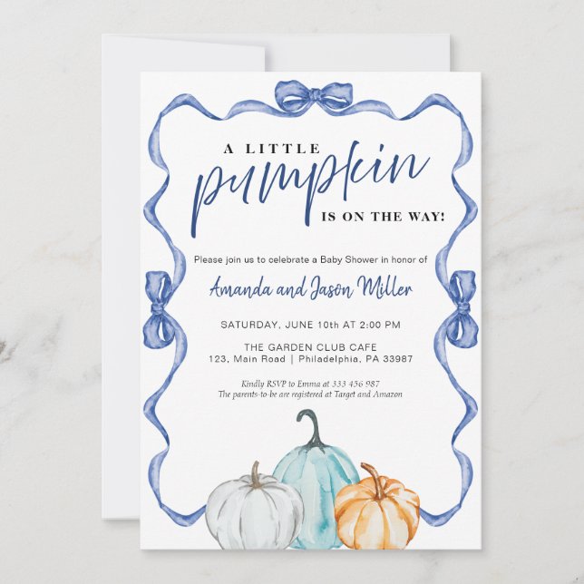 Reserve A Data Blue Bow Fall Baby Shower Pumpkins elegante (Frente)
