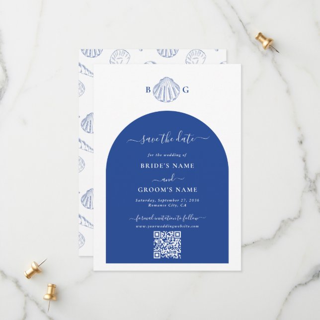 Reserve A Data Blue Clam Seashells Coastal Seaside Beach Wedding (Frente/Verso In Situ)