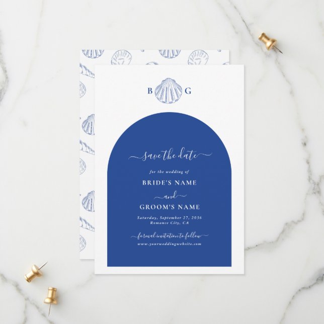 Reserve A Data Blue Clam Seashells Coastal Seaside Beach Wedding (Frente/Verso In Situ)