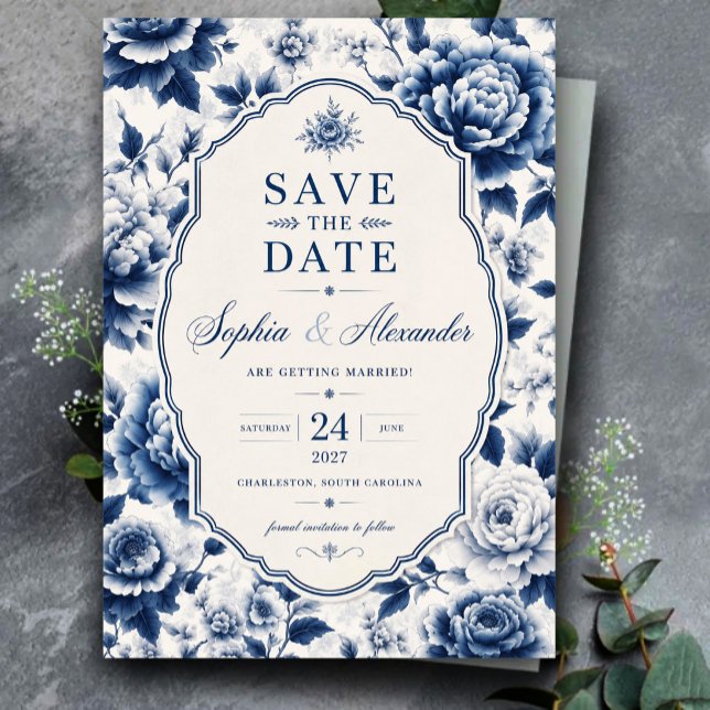 Reserve A Data  Blue Floral Elegant Chinoiserie Classic (Criador carregado)