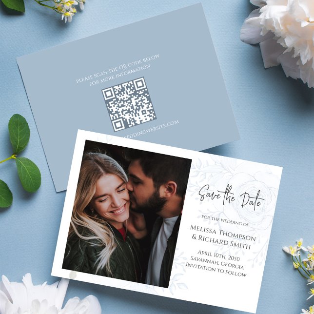 Reserve A Data Blue Floral Elegant Photo Wedding Date (Casamento  (Floral blue elegant Photo save the date card with QR code. )