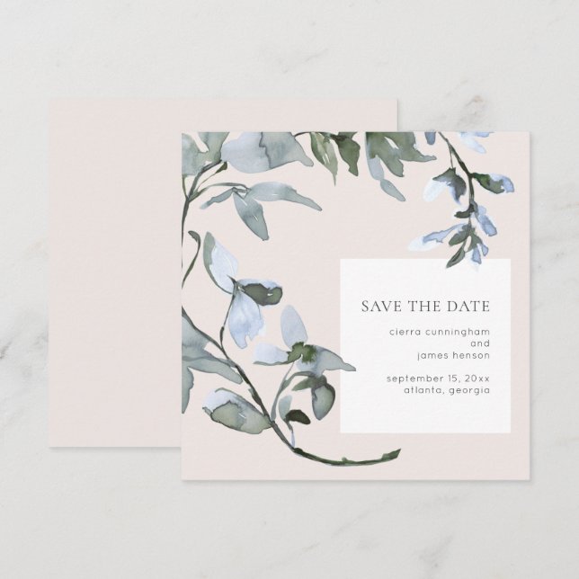 Reserve A Data Blue Floral Greenery Weding the Date Card (Frente/Verso)