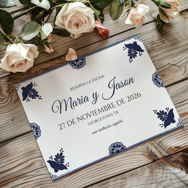 Reserve A Data Blue Floral Otomi Simple Fiesta Spanish Wedding (Blue Floral Otomi Simple Fiesta Spanish Wedding Save The Date)
