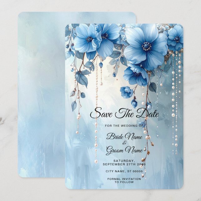 Reserve A Data Blue Flowers and Pearls Save the Date (Frente/Verso)