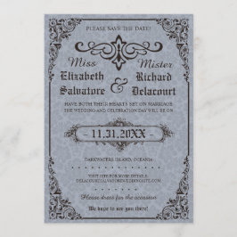 Reserve A Data Blue Gothian Victorian Damask Save Dates