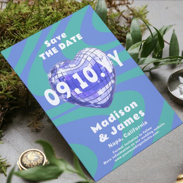 Reserve A Data Blue Green Groovy Trendy Modern Disco Heart Foto (Criador carregado)